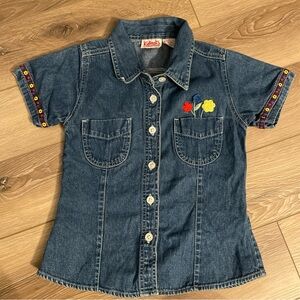 Vintage 90s Kids 7 Denim Tee Button Up Shirt with Floral Embroidery